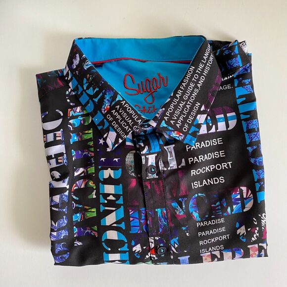 SUGAR Shirt Men's 2XL Colorful All-Over Print Dress Long Sleeve Flip Cuff - Picture 12 of 12